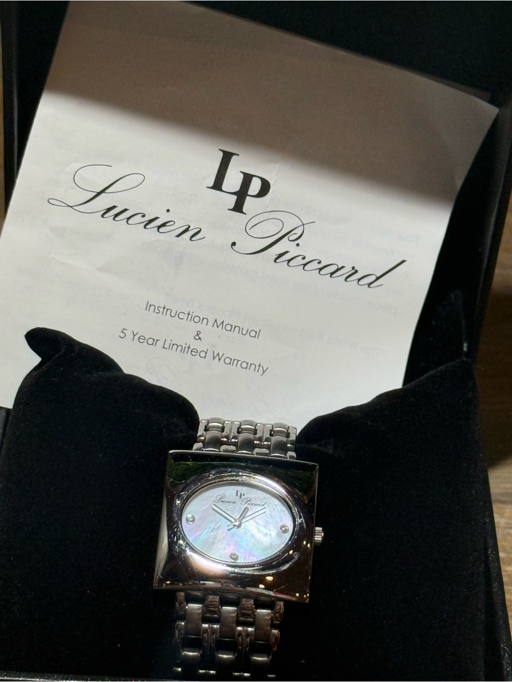 Lucien Piccard Women’s Stainless Steel Mother of Pearl Watch Diamond Accent Box